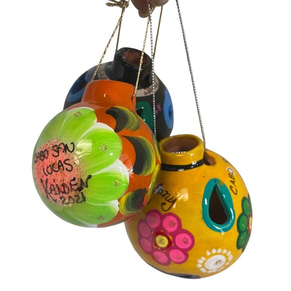 Handcrafted Cabo San Lucas Ceramic Ornament Trio With Bright Floral Designs  3" - Picture 4 of 13